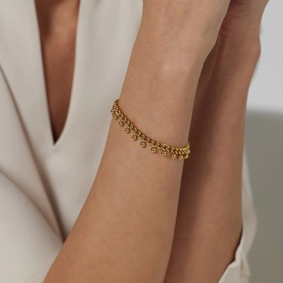 18k Gold Double Chain Bracelet with Dangling Beads - Picture 5 of 9